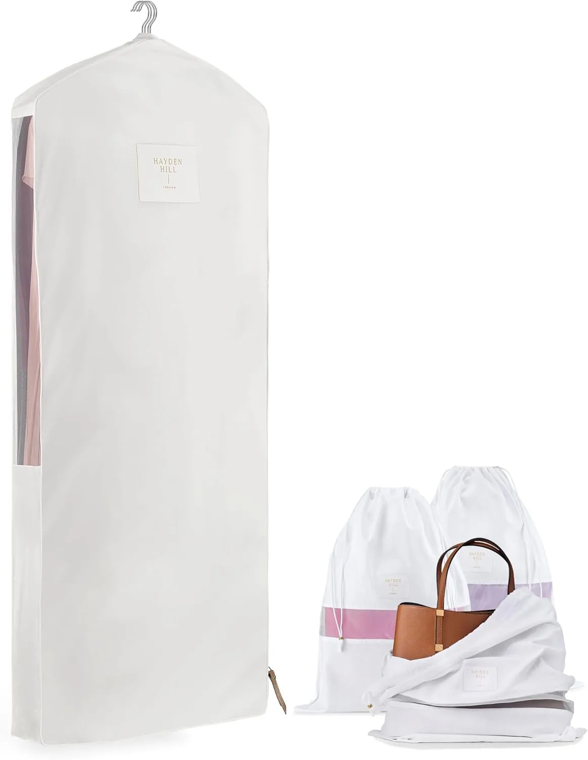 Hayden Hill Luxury Organic Cotton - Long Hanging Garment Bag and 3 Large Dust Bags for Handbags - Certified Carbon Neutral