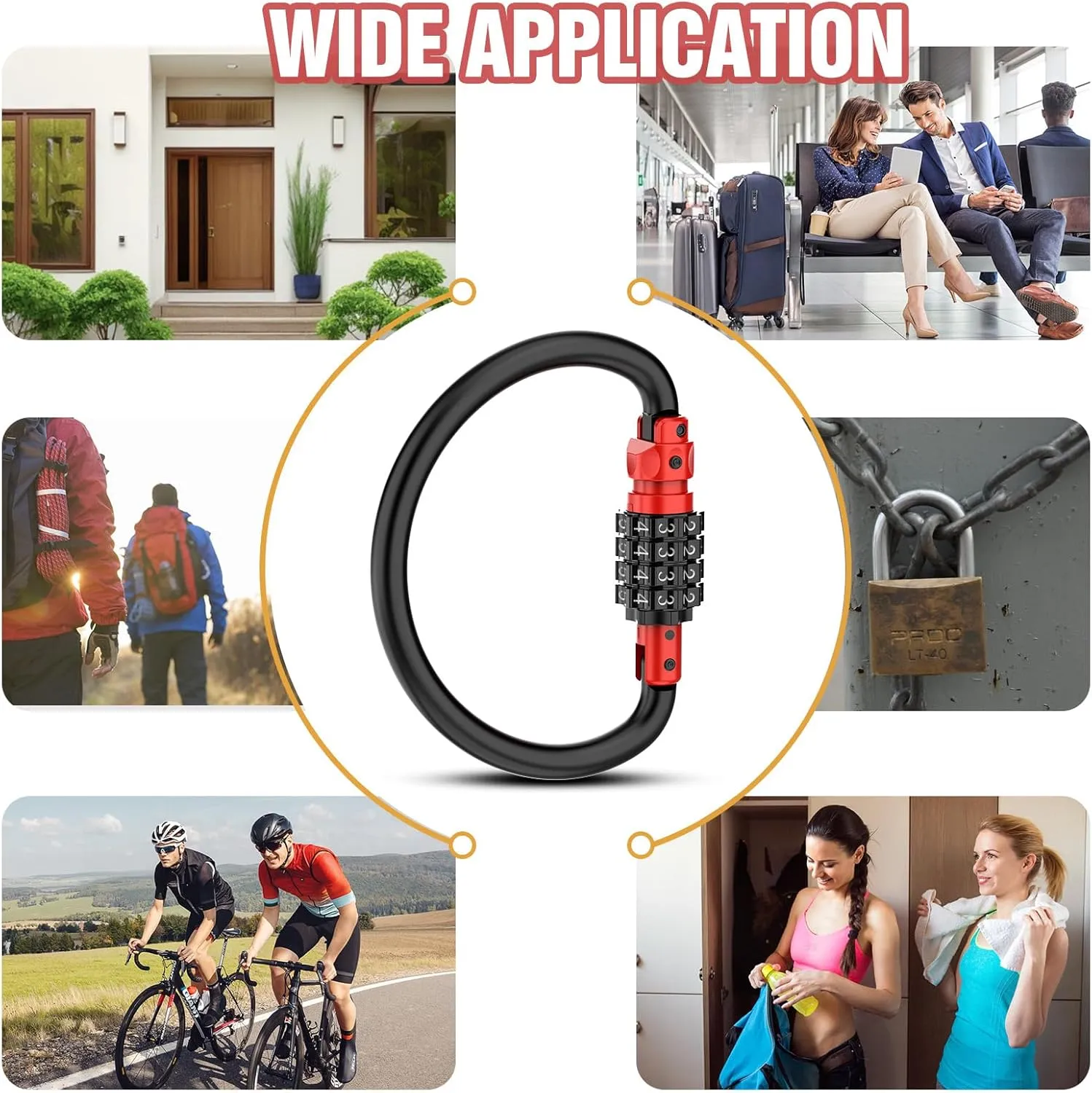 Heavy Duty 4-Digit Combination Locks, 4-Digit Combo Large D-Shaped Carabiner Clip Lock for Backpack, Helmetlok, Suitcase Luggage & Bike Security (1, Red)