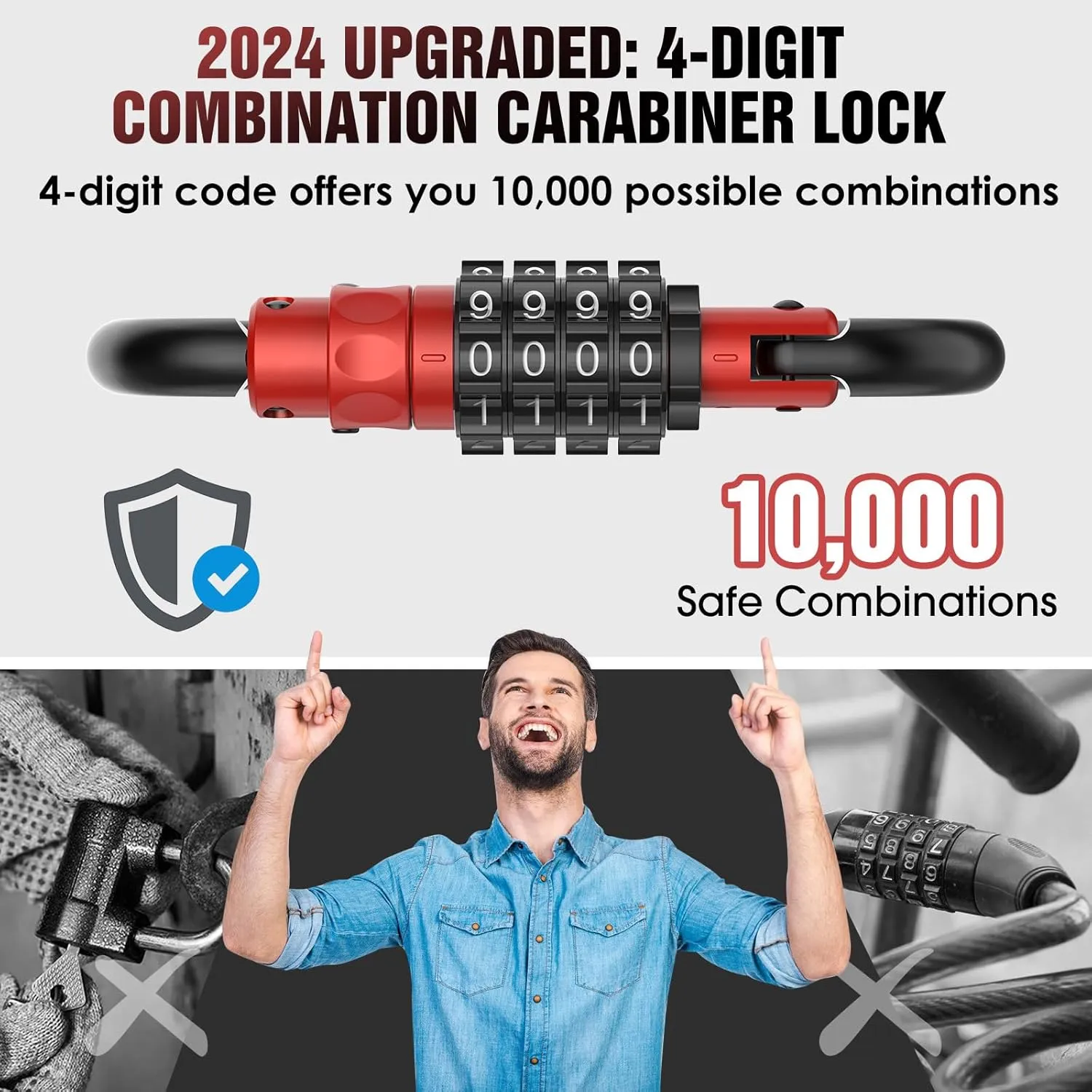 Heavy Duty 4-Digit Combination Locks, 4-Digit Combo Large D-Shaped Carabiner Clip Lock for Backpack, Helmetlok, Suitcase Luggage & Bike Security (1, Red)