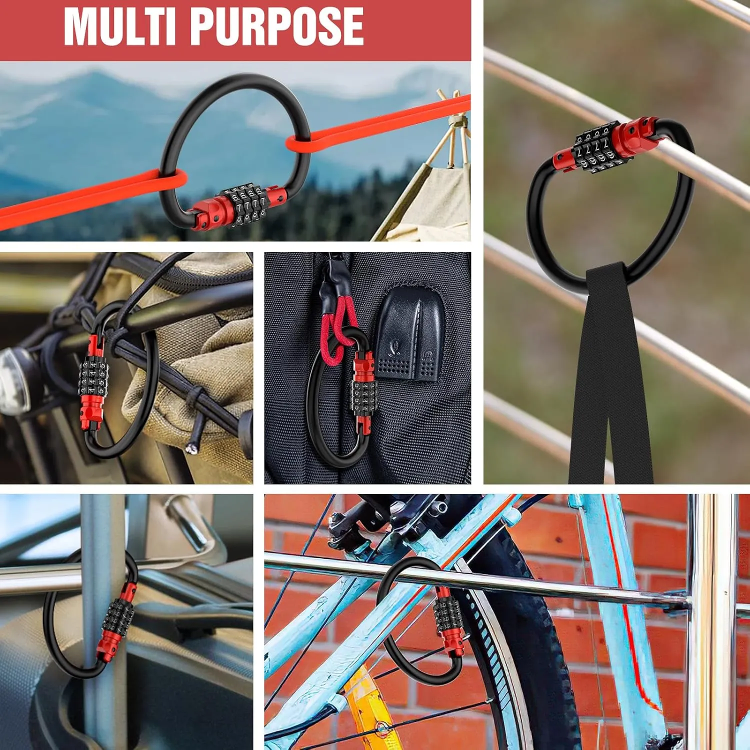 Heavy Duty 4-Digit Combination Locks, 4-Digit Combo Large D-Shaped Carabiner Clip Lock for Backpack, Helmetlok, Suitcase Luggage & Bike Security (1, Red)