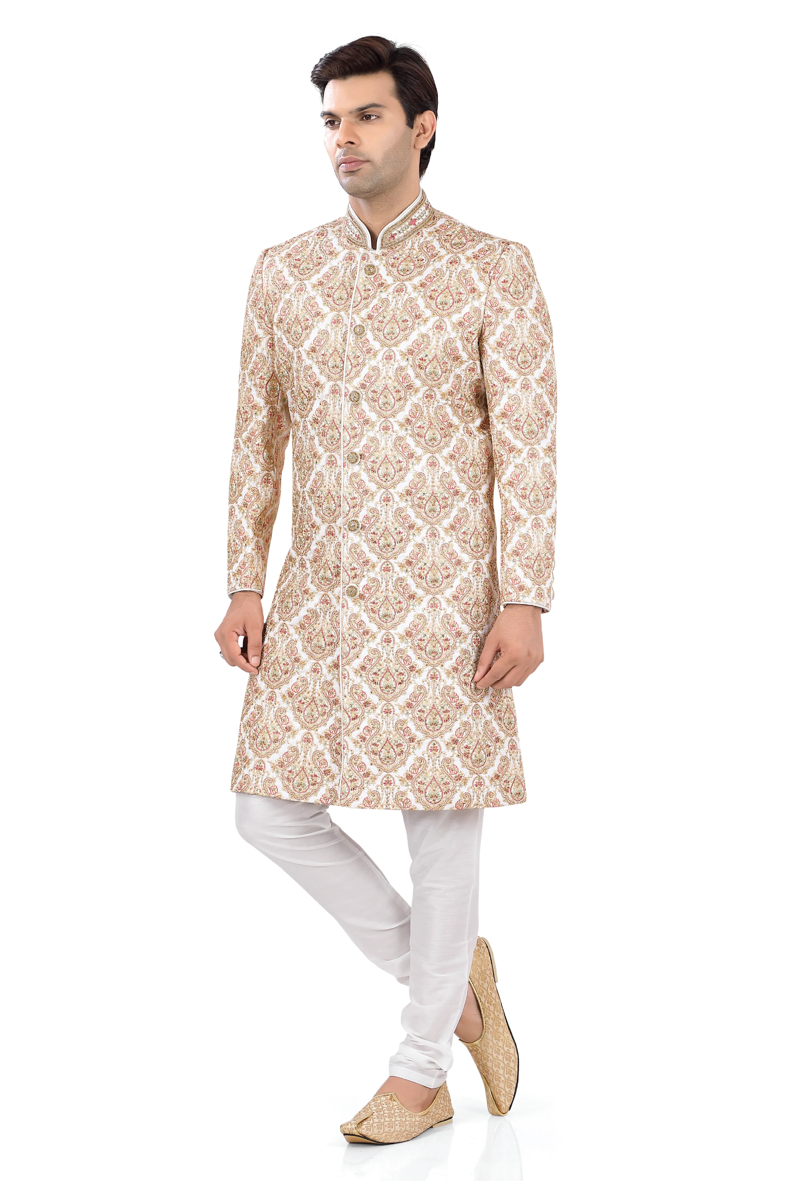 Heavy Embroidered Silk Sherwani in Cream