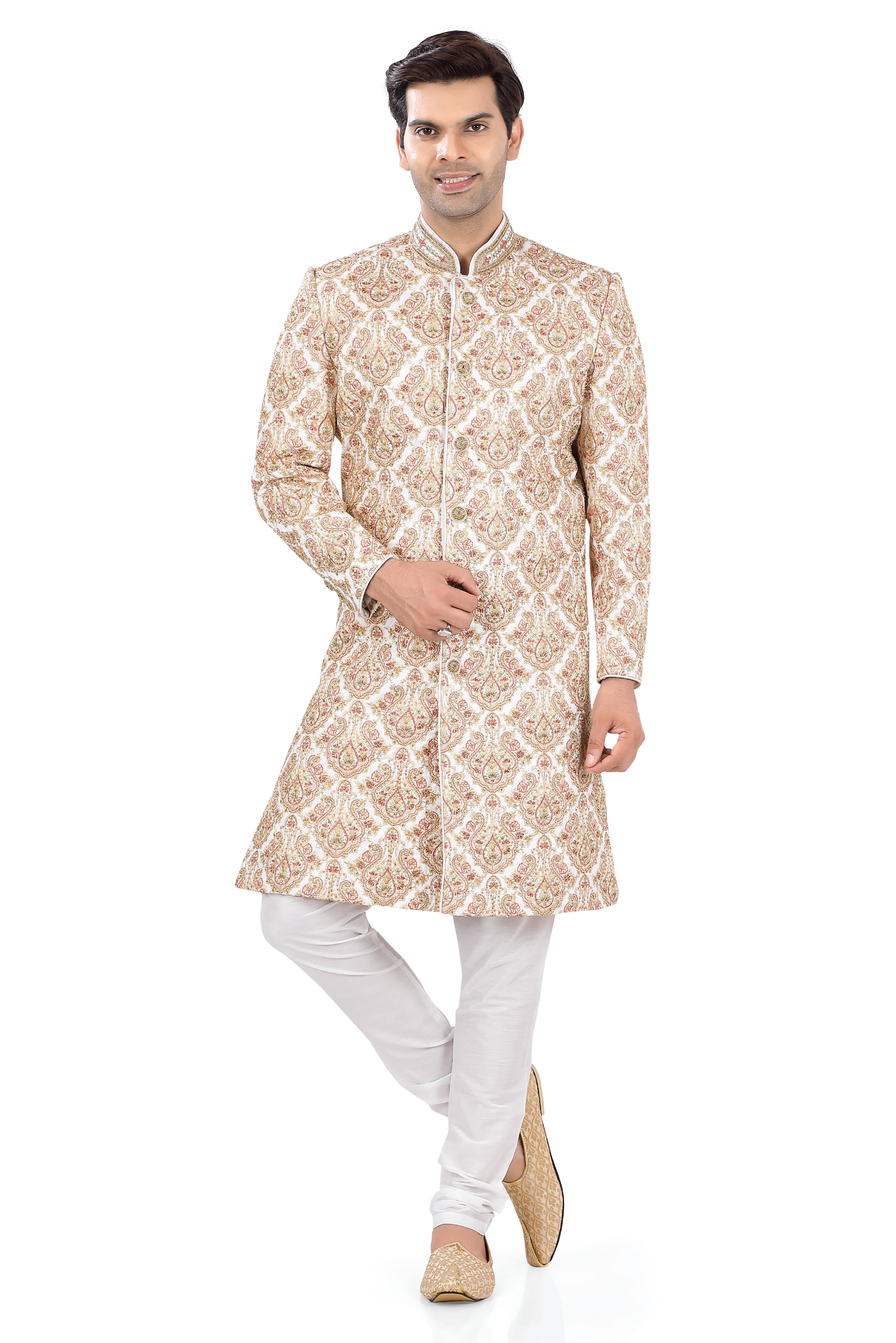 Heavy Embroidered Silk Sherwani in Cream
