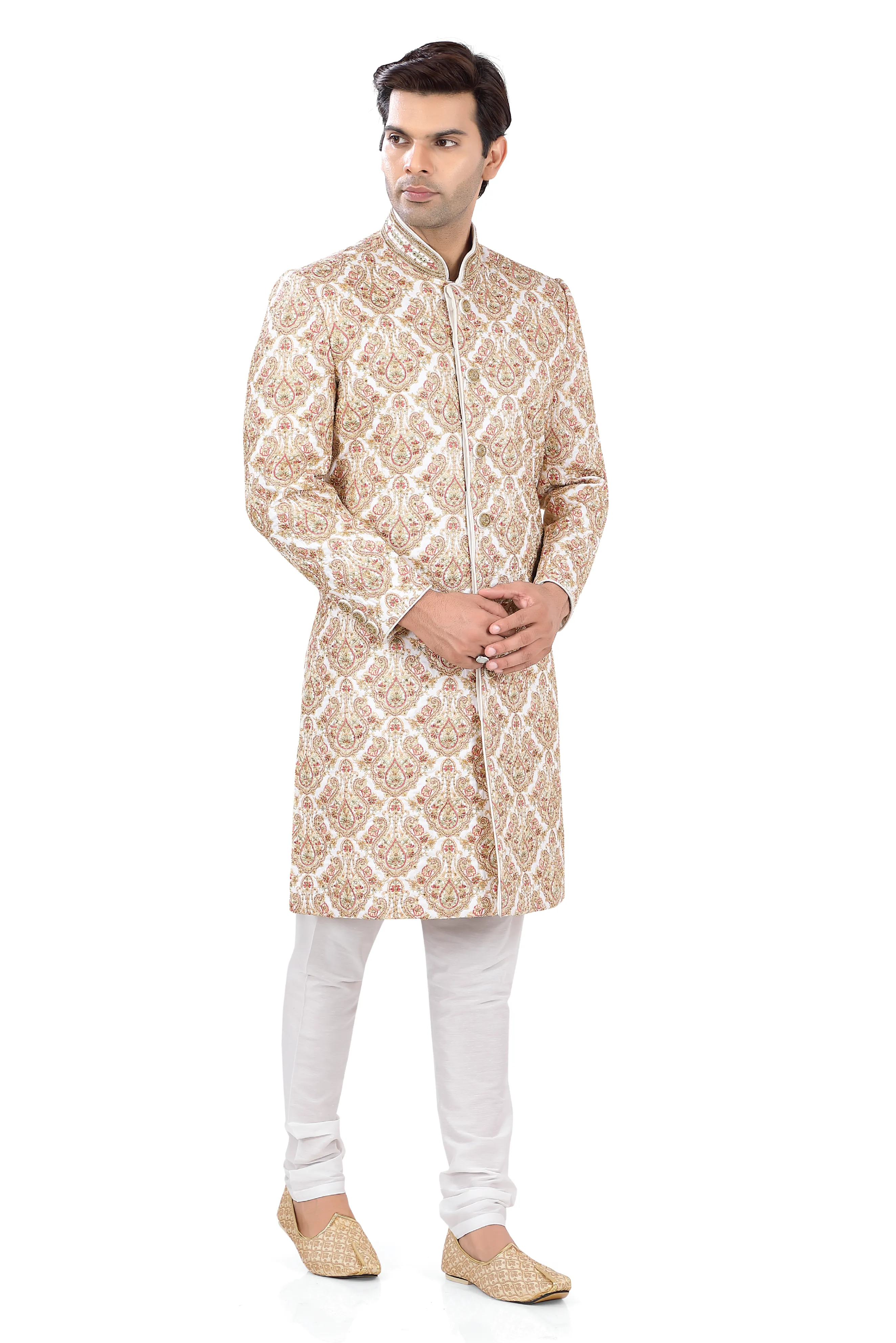 Heavy Embroidered Silk Sherwani in Cream
