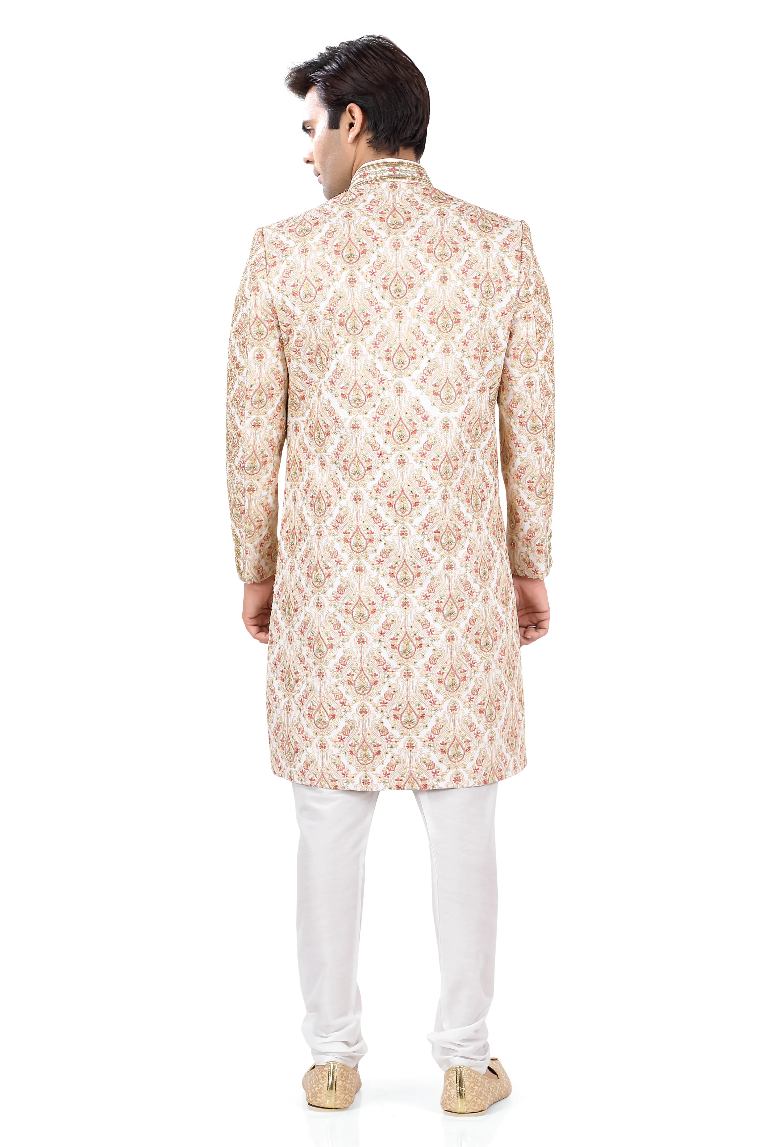 Heavy Embroidered Silk Sherwani in Cream