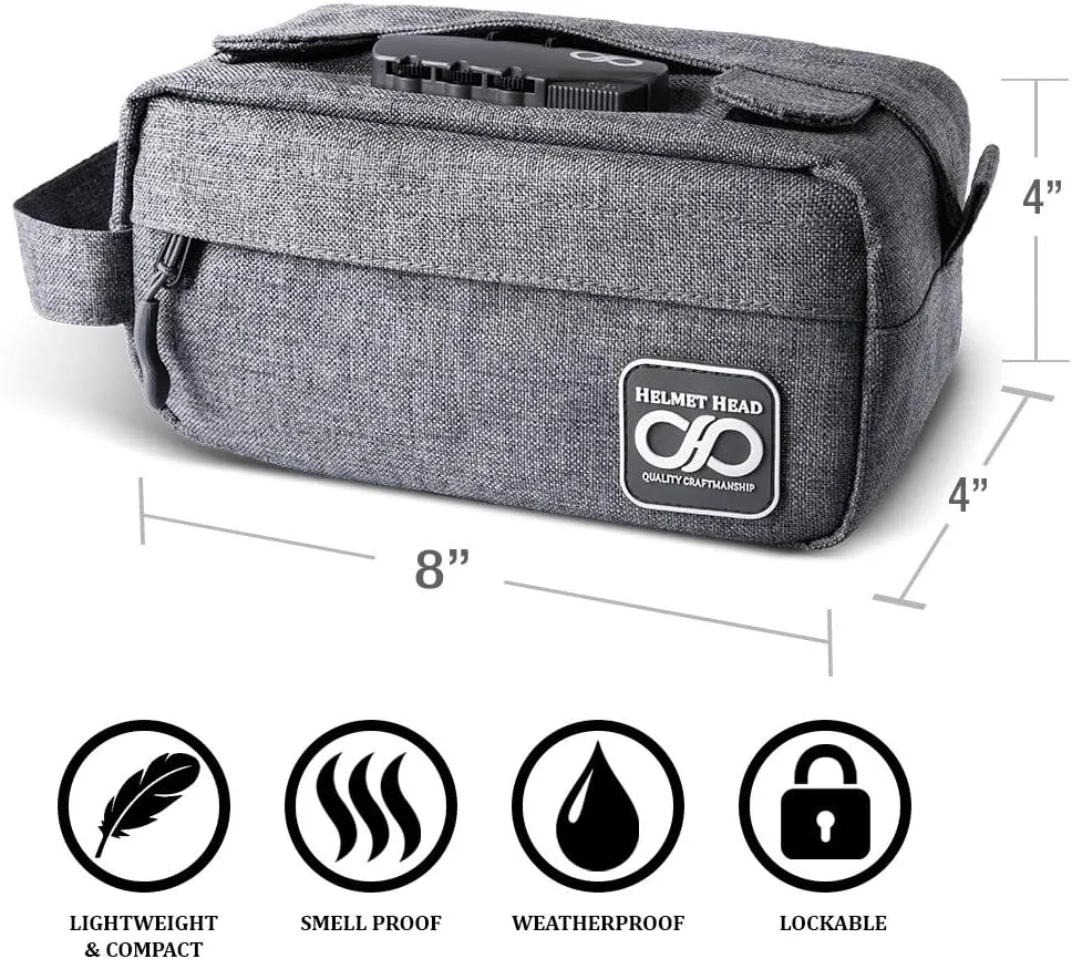 HELMET HEAD Smell Proof Bag, Travel Bag with Combination Lock and Grinder Card, Water Repellent Compact Smell Proof Stash Box For Your Herbs and Smell Proof Containers (New Gray)