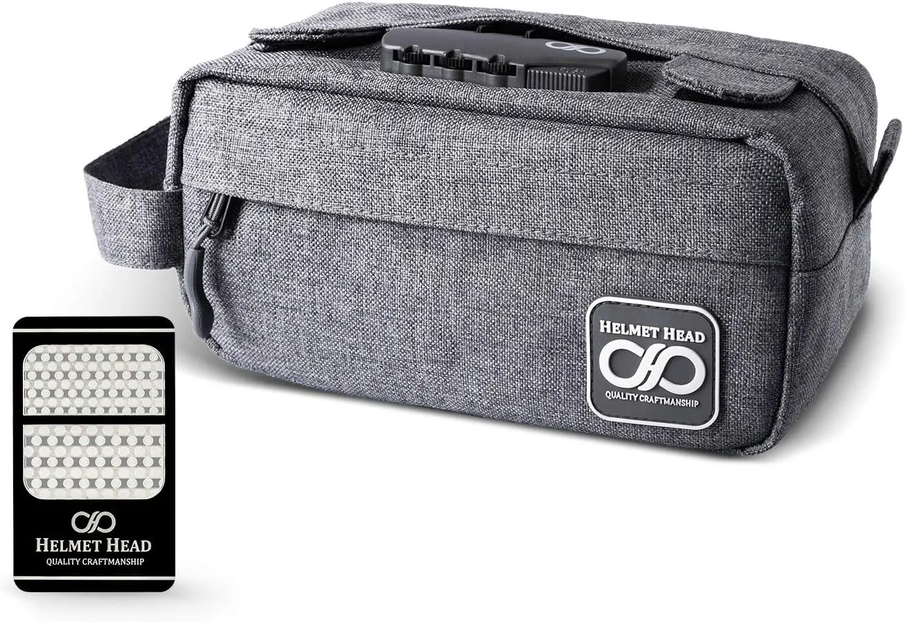 HELMET HEAD Smell Proof Bag, Travel Bag with Combination Lock and Grinder Card, Water Repellent Compact Smell Proof Stash Box For Your Herbs and Smell Proof Containers (New Gray)