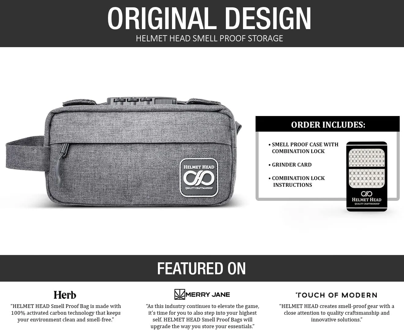 HELMET HEAD Smell Proof Bag, Travel Bag with Combination Lock and Grinder Card, Water Repellent Compact Smell Proof Stash Box For Your Herbs and Smell Proof Containers (New Gray)