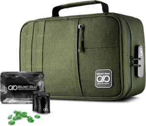 HELMET HEAD Smell Proof Bag with Lock, Water Repellent Large Stash Box for Mason Jars and Containers. Includes 2 Bags and Metal Tray (Herb Green)