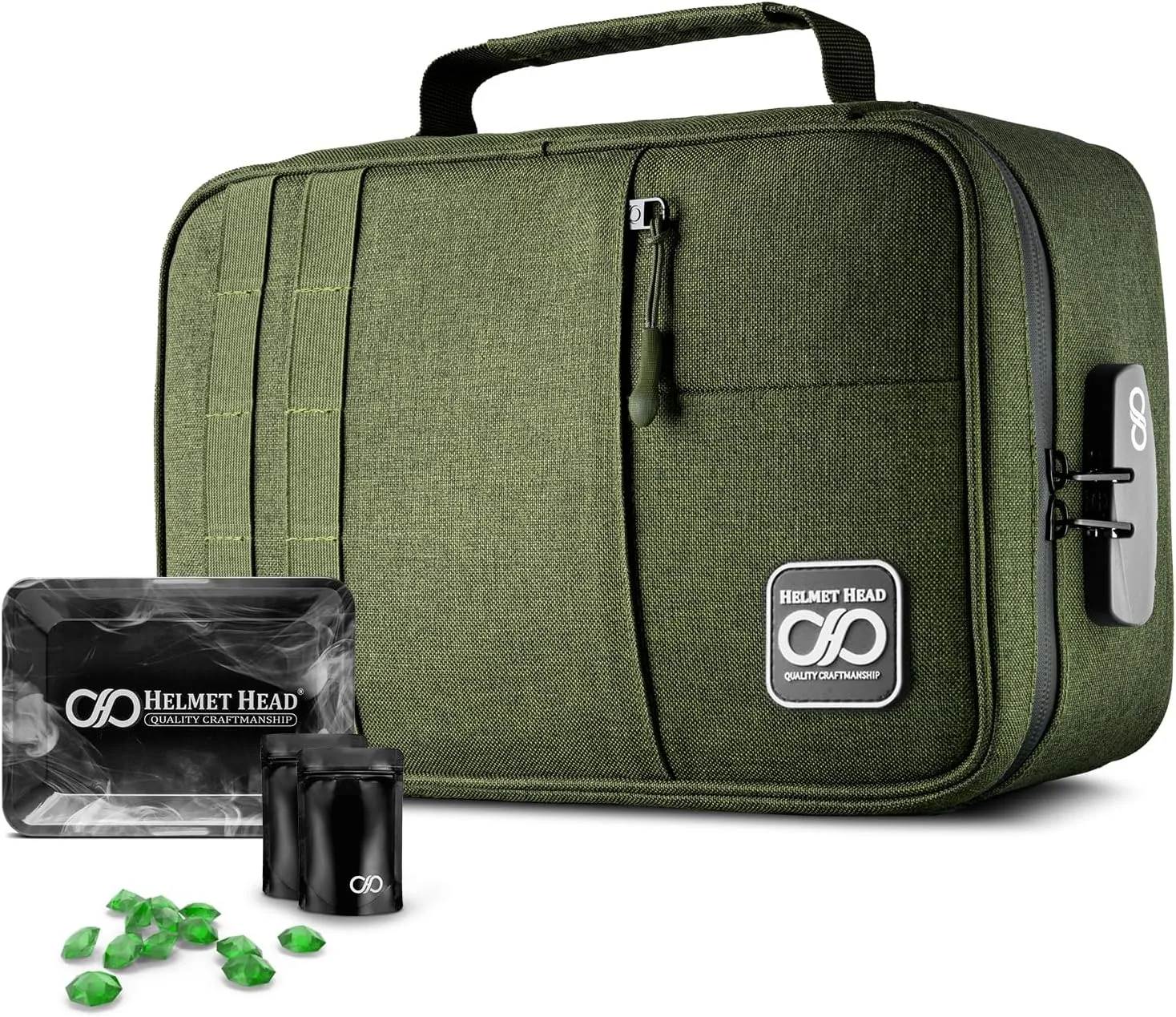 HELMET HEAD Smell Proof Bag with Lock, Water Repellent Large Stash Box for Mason Jars and Containers. Includes 2 Bags and Metal Tray (Herb Green)