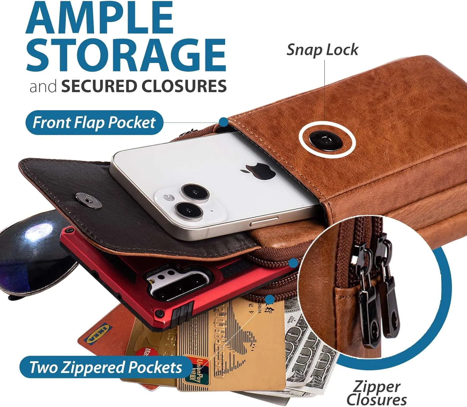 Hengwin Genuine Leather Phone Holster for Belt Men, Belt Clip Wallet Case Fit for iPhone 16/15/14/13/12 Pro Max, Samsung Galaxy S25 Ultra Belt Pouch, Travel Crossbody Cell Phone Purse Belt Bag (Brown)