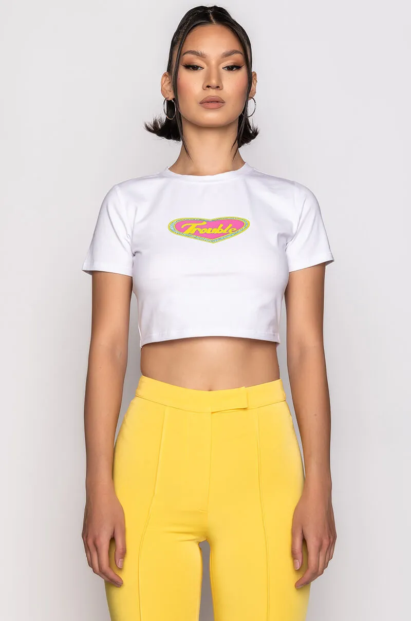 HERE COMES TROUBLE EMBELLISHED SHORT SLEEVE TEE
