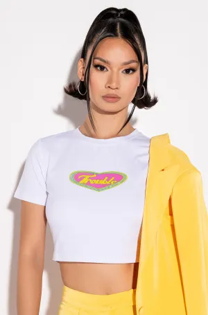 HERE COMES TROUBLE EMBELLISHED SHORT SLEEVE TEE