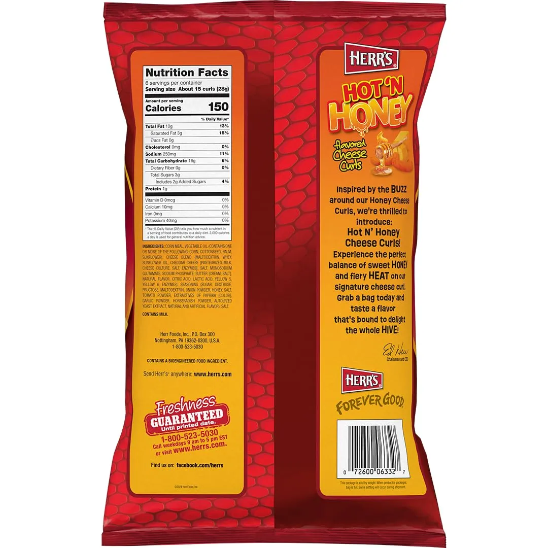 Herr's Hot & Honey Cheese Curls, 6 Ounce (Pack of 6 Bags) – Spicy and Sweet Cheese Curls – A Snack with the Perfect Flavor Balance