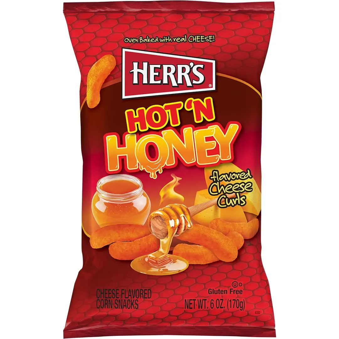 Herr's Hot & Honey Cheese Curls, 6 Ounce (Pack of 6 Bags) – Spicy and Sweet Cheese Curls – A Snack with the Perfect Flavor Balance