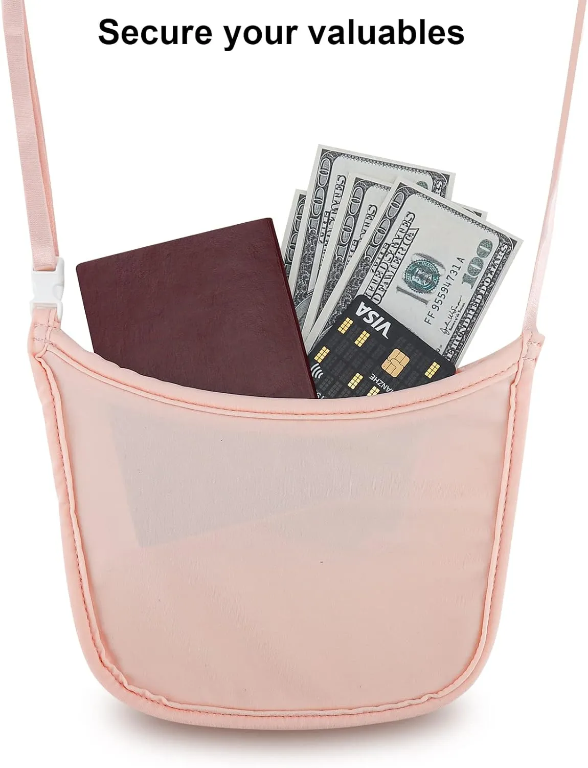 Hidden Wallet, Travel Hidden Wallet Under Clothes, Undergarment Crossbody Secert Body Pouch for Passport Money & Valuables, (Pink)