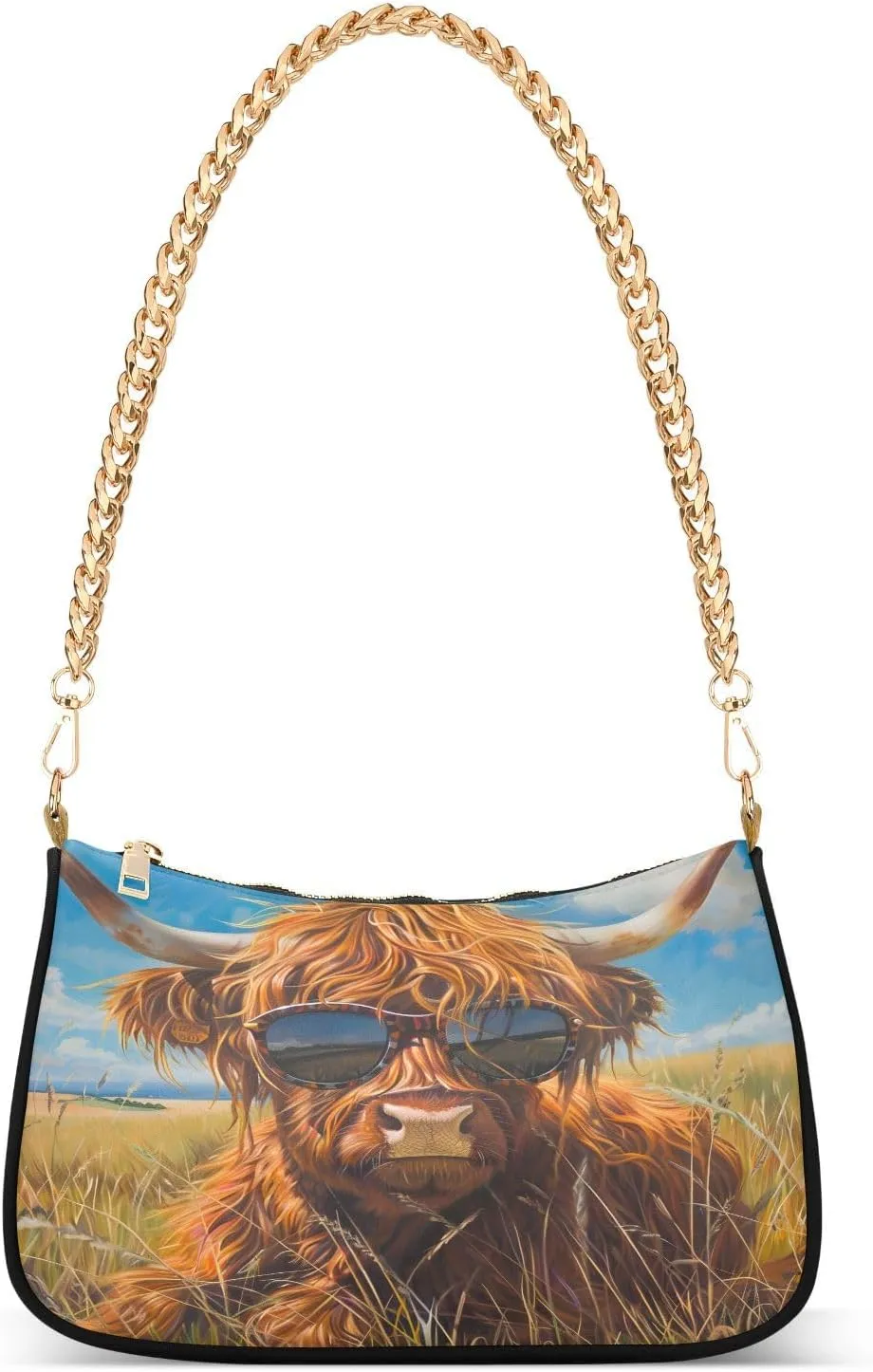 Highland Cattle Grasslands Animal Shoulder Handbags for Women Travel Hobo Tote Handbag Women Gold Chain Shoulder Bags Purse with Zipper Closure