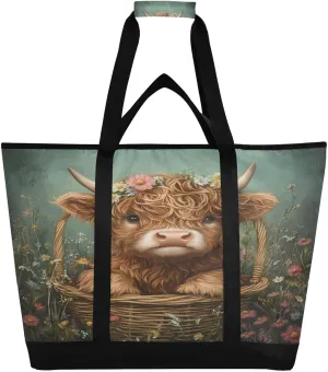 Highland Cow Flowers Reusable Insulated Lunchbox Cooler Bag, Leakproof Kitchen Grocery Bag Collapsible Portable Cooler Tote Bag for Picnic, Camping, Office, Travel