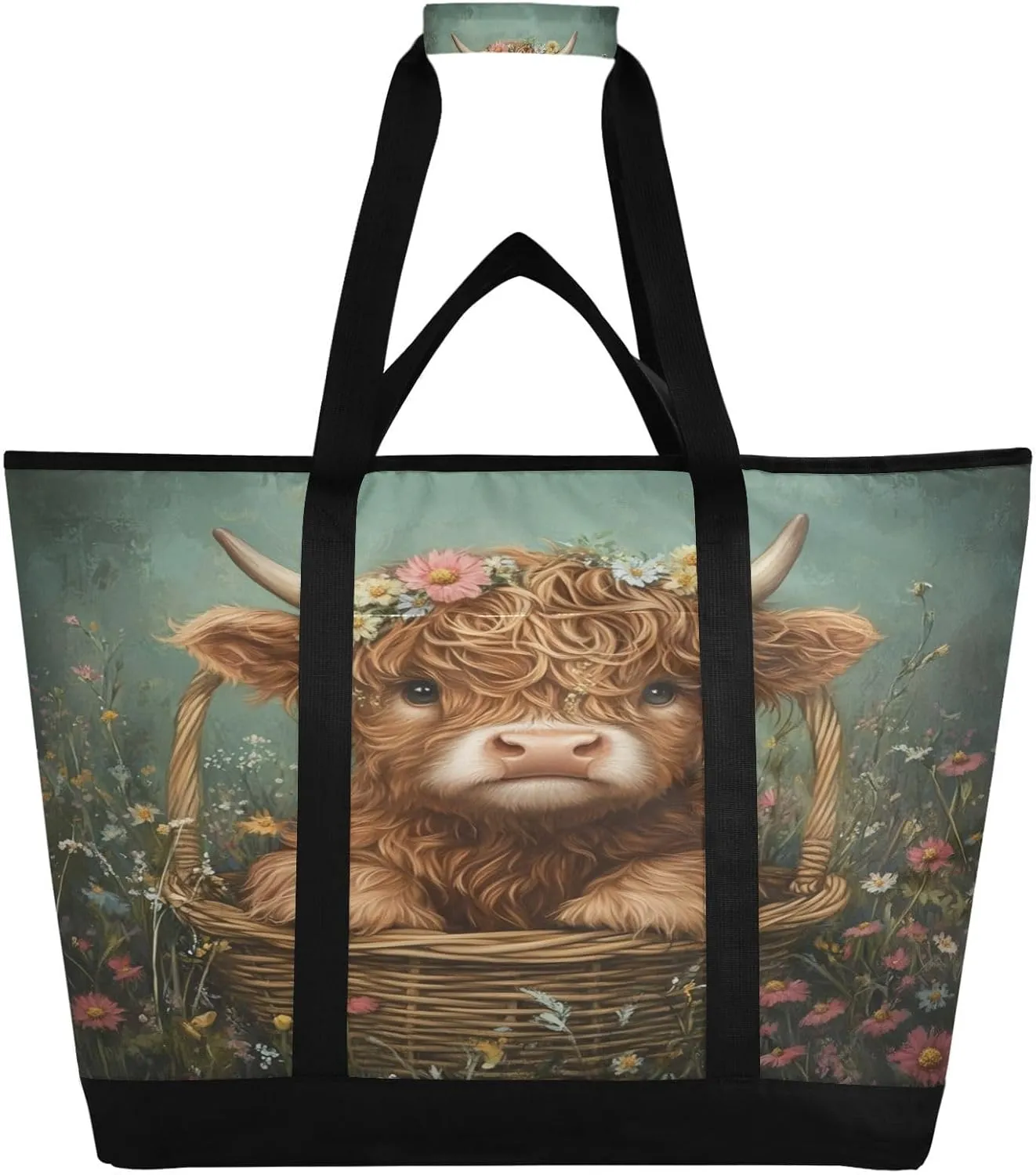 Highland Cow Flowers Reusable Insulated Lunchbox Cooler Bag, Leakproof Kitchen Grocery Bag Collapsible Portable Cooler Tote Bag for Picnic, Camping, Office, Travel