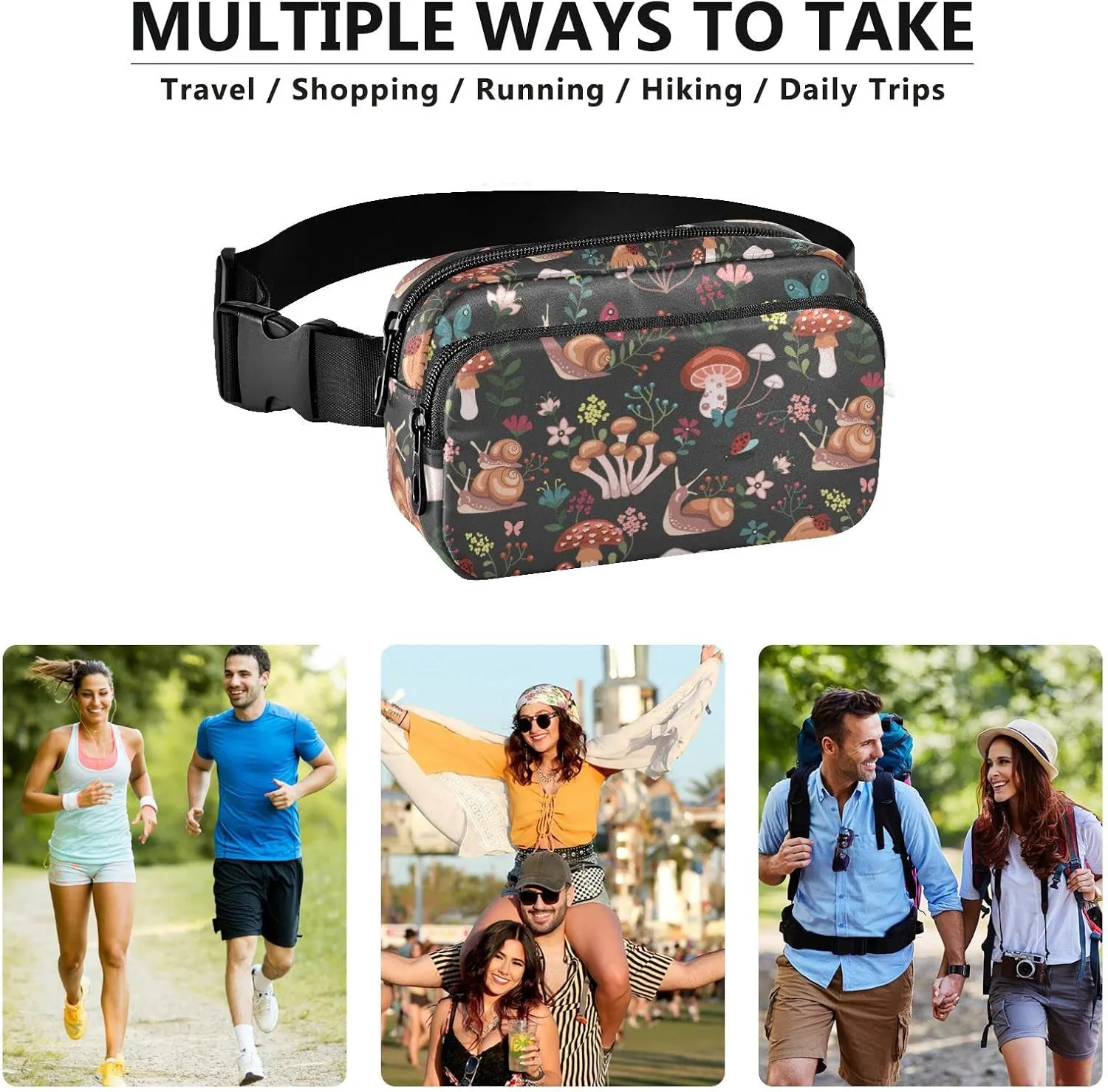 Hiking Fanny Pack Mushroom Flower Waist Pack Fashion Casual Hip Bum Bag with Adjustable Strap for Women & Men Hands Free Crossbody Bags for Outdoors, Hiking, Running, Travel