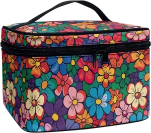 Hippie Flower Makeup Bag Cosmetic Travel Pouch for Women Colorful Floral Make Up Bags Portable Cosmetic Storage Bag with Handle Large Capacity Toiletry Bag