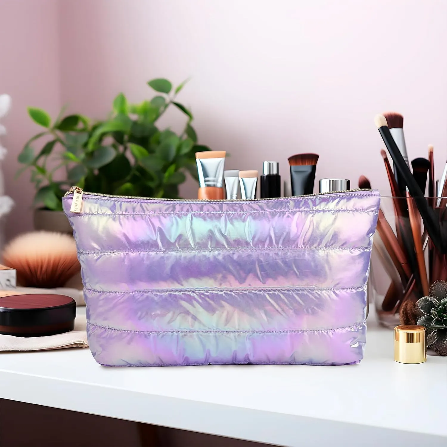 Hiroyuki Iridescent Makeup Bag, 14 inches Cosmetic Bag, Large Capacity Travel-Friendly Pouch (plain, purple)