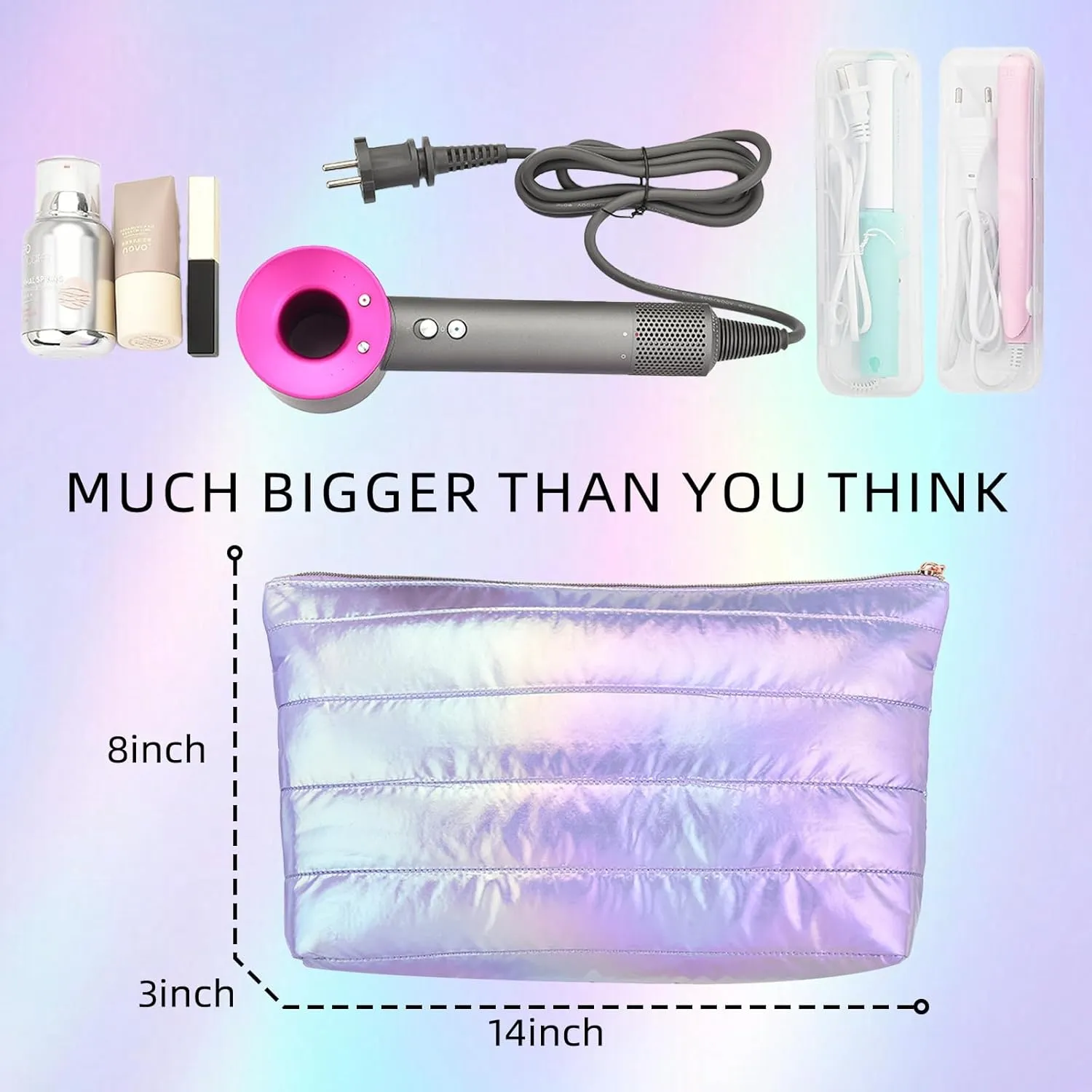Hiroyuki Iridescent Makeup Bag, 14 inches Cosmetic Bag, Large Capacity Travel-Friendly Pouch (plain, purple)
