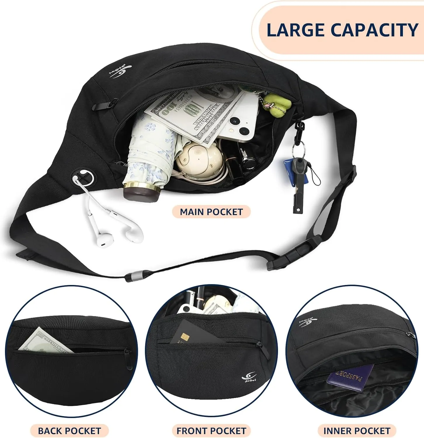 HiRui Large Crossbody Fanny Pack for Men Women Waist Bag Pack with 4-Zipper Pockets Phone Bag Fits All Phones Wallet Keys, Casual Hands-Free Waist Pack for Travel Workout Running (Black)