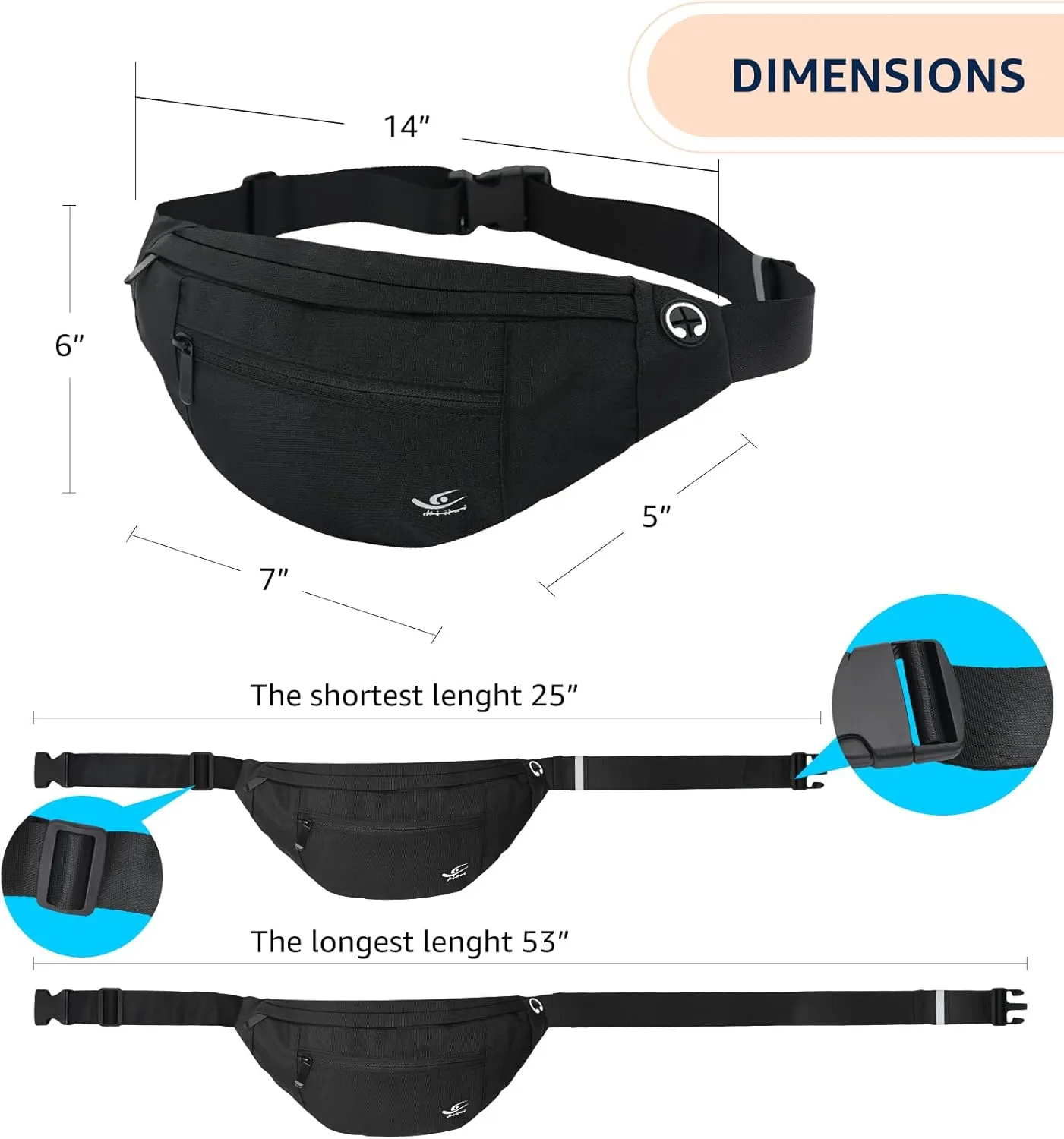 HiRui Large Crossbody Fanny Pack for Men Women Waist Bag Pack with 4-Zipper Pockets Phone Bag Fits All Phones Wallet Keys, Casual Hands-Free Waist Pack for Travel Workout Running (Black)