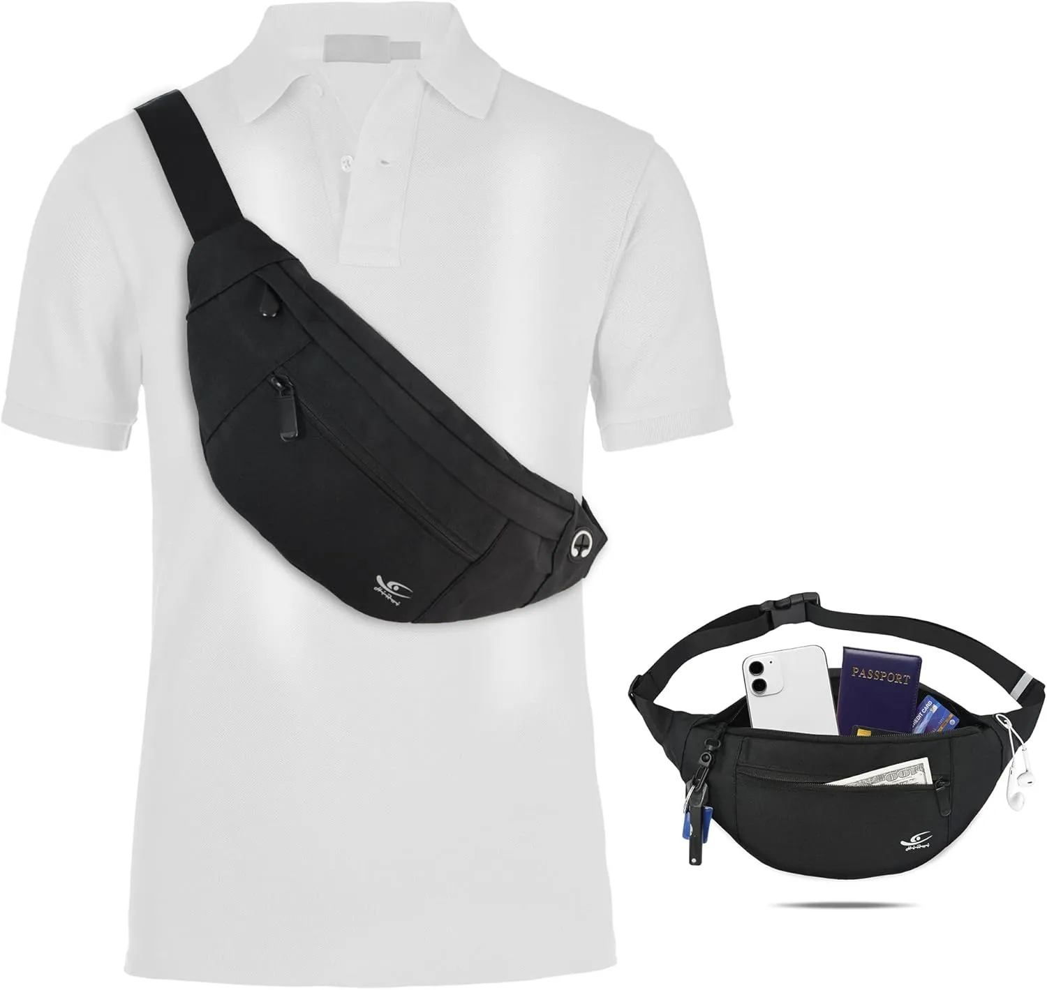 HiRui Large Crossbody Fanny Pack for Men Women Waist Bag Pack with 4-Zipper Pockets Phone Bag Fits All Phones Wallet Keys, Casual Hands-Free Waist Pack for Travel Workout Running (Black)