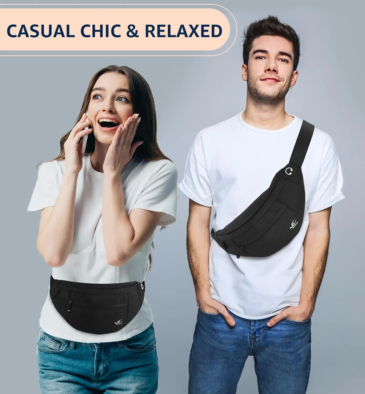HiRui Large Crossbody Fanny Pack for Men Women Waist Bag Pack with 4-Zipper Pockets Phone Bag Fits All Phones Wallet Keys, Casual Hands-Free Waist Pack for Travel Workout Running (Black)