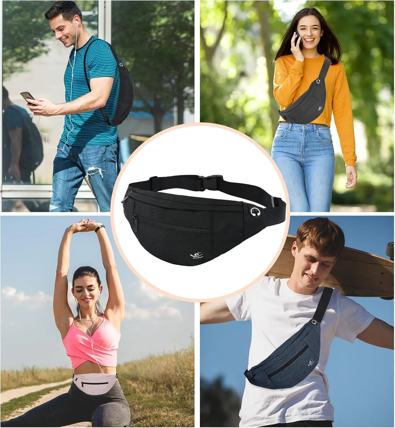 HiRui Large Crossbody Fanny Pack for Men Women Waist Bag Pack with 4-Zipper Pockets Phone Bag Fits All Phones Wallet Keys, Casual Hands-Free Waist Pack for Travel Workout Running (Black)