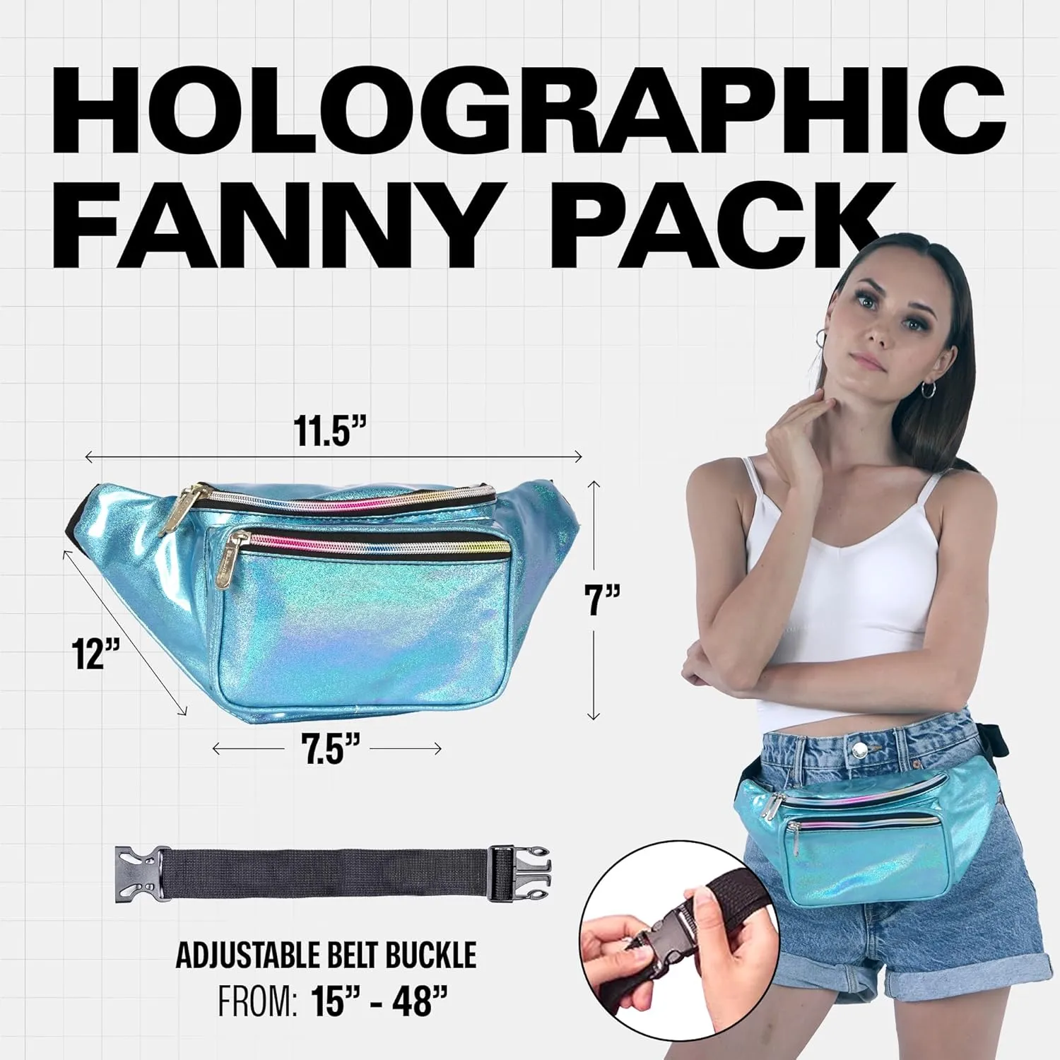 Holographic Fanny Pack Belt bag - Crossbody Waist Bag for Men or Women - Hands-Free, Waterproof Large Bumbag for Hiking, Running, and Travel (Blue Glitter)