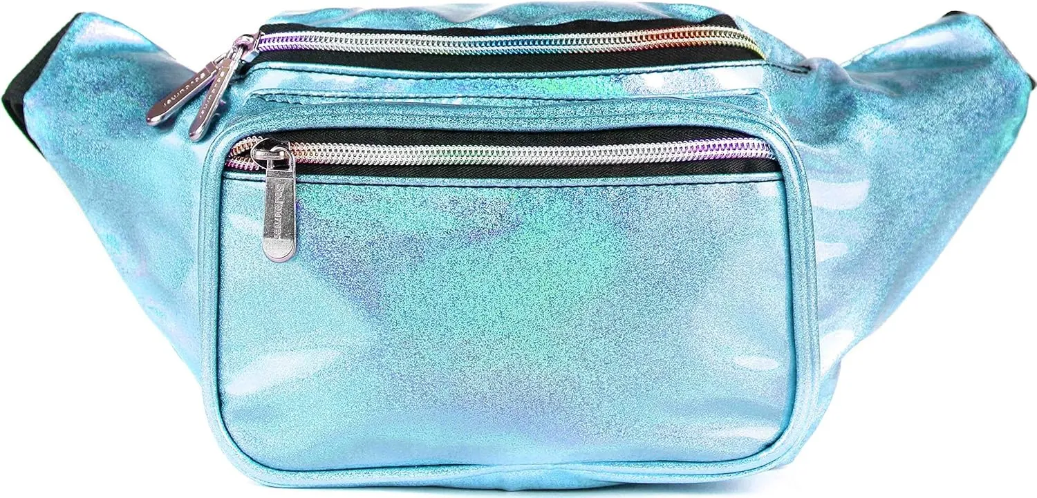 Holographic Fanny Pack Belt bag - Crossbody Waist Bag for Men or Women - Hands-Free, Waterproof Large Bumbag for Hiking, Running, and Travel (Blue Glitter)