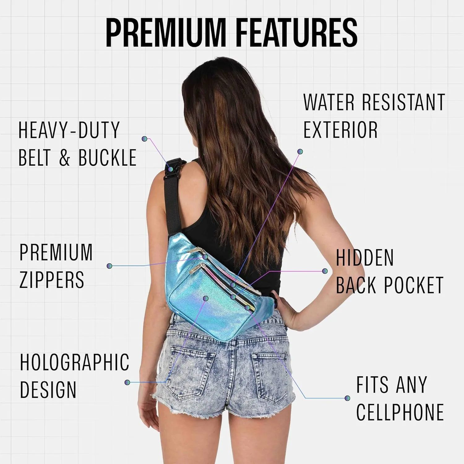Holographic Fanny Pack Belt bag - Crossbody Waist Bag for Men or Women - Hands-Free, Waterproof Large Bumbag for Hiking, Running, and Travel (Blue Glitter)