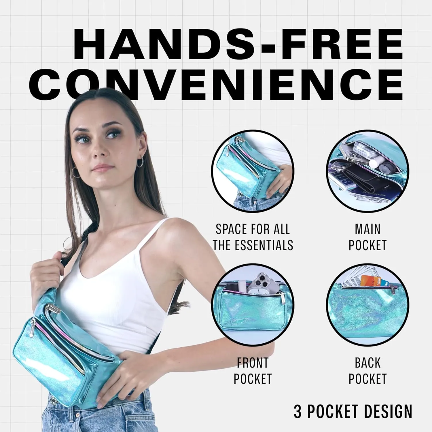 Holographic Fanny Pack Belt bag - Crossbody Waist Bag for Men or Women - Hands-Free, Waterproof Large Bumbag for Hiking, Running, and Travel (Blue Glitter)