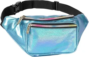 Holographic Fanny Pack Belt bag - Crossbody Waist Bag for Men or Women - Hands-Free, Waterproof Large Bumbag for Hiking, Running, and Travel (Blue Glitter)