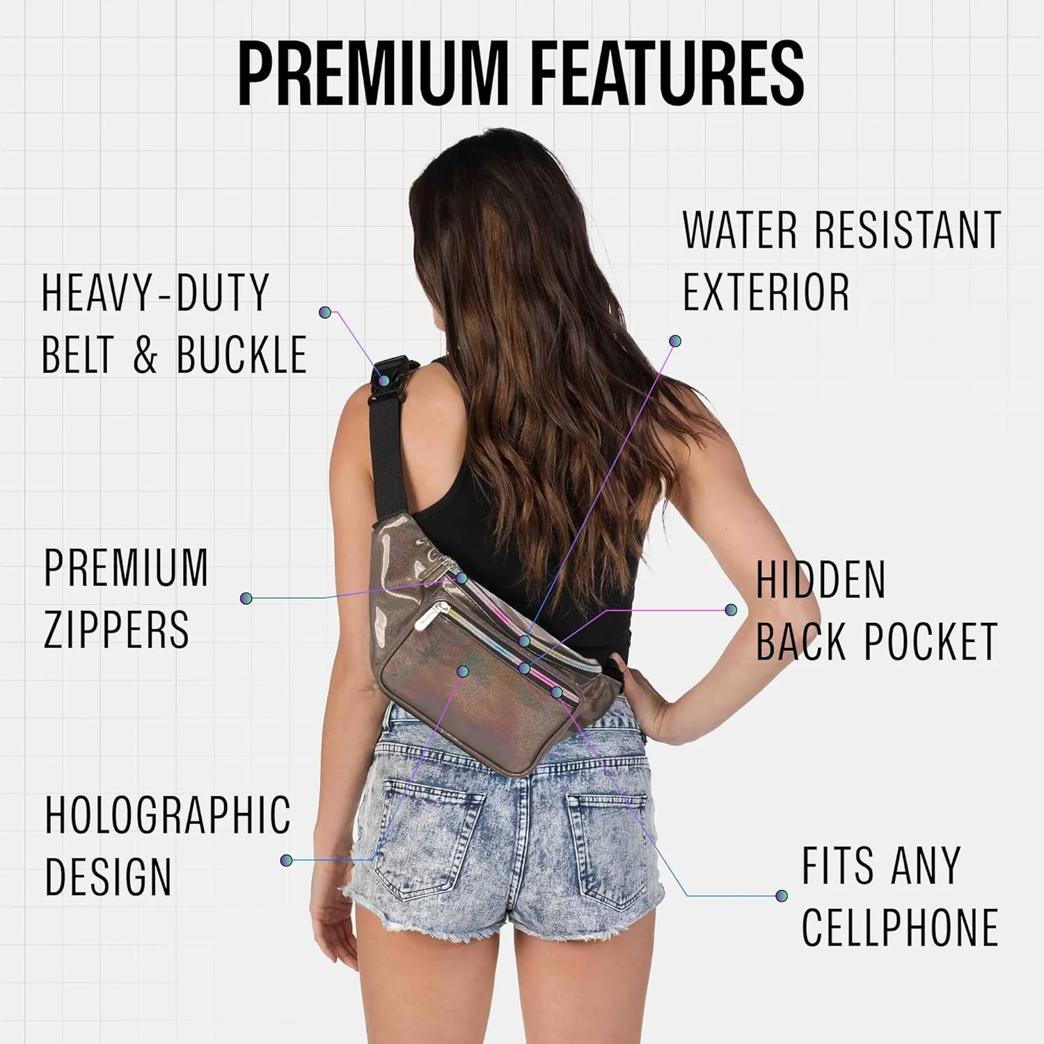 Holographic Fanny Pack Belt bag - Crossbody Waist Bag for Men or Women - Hands-Free, Waterproof Large Bumbag for Hiking, Running, and Travel (Copper Glitter)