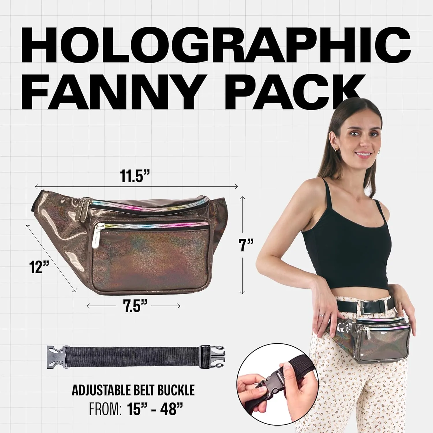 Holographic Fanny Pack Belt bag - Crossbody Waist Bag for Men or Women - Hands-Free, Waterproof Large Bumbag for Hiking, Running, and Travel (Copper Glitter)