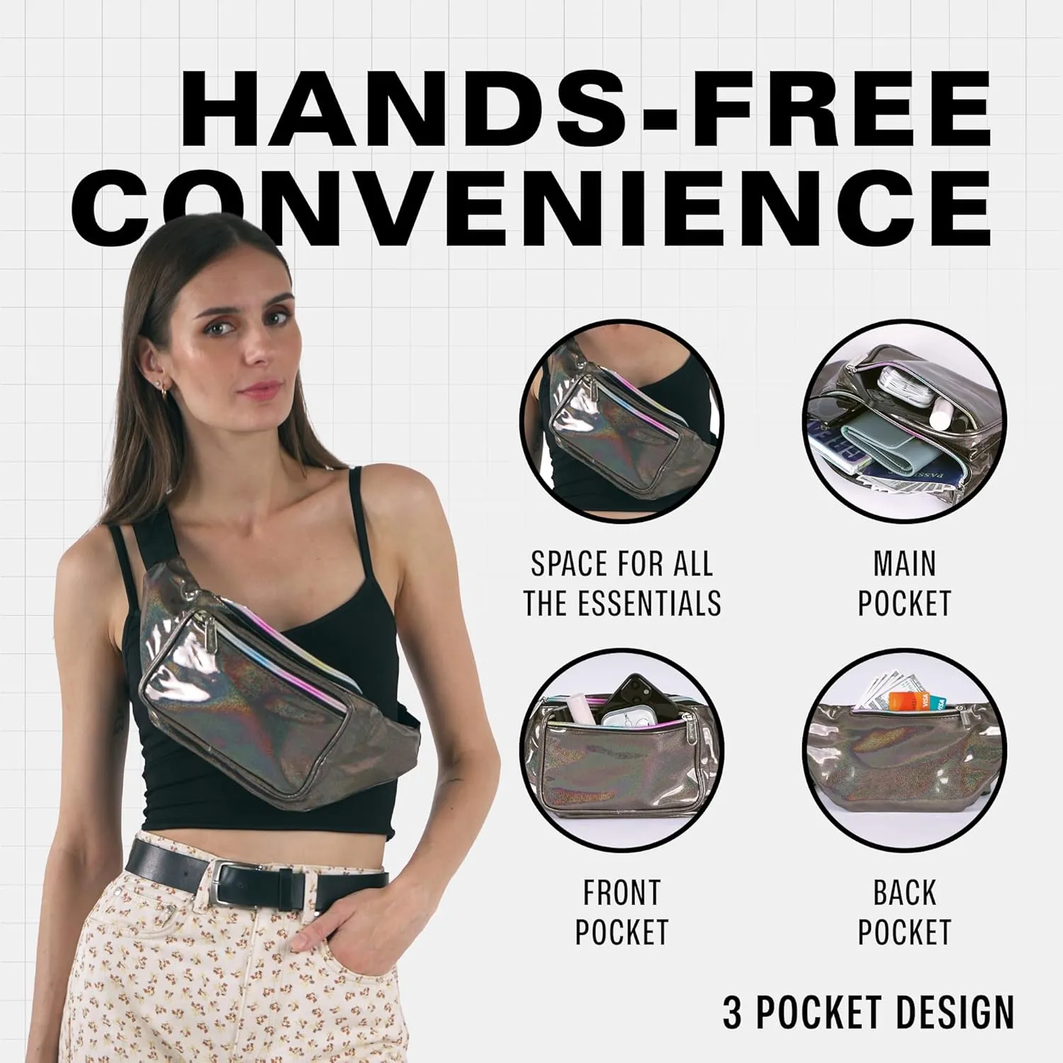 Holographic Fanny Pack Belt bag - Crossbody Waist Bag for Men or Women - Hands-Free, Waterproof Large Bumbag for Hiking, Running, and Travel (Copper Glitter)