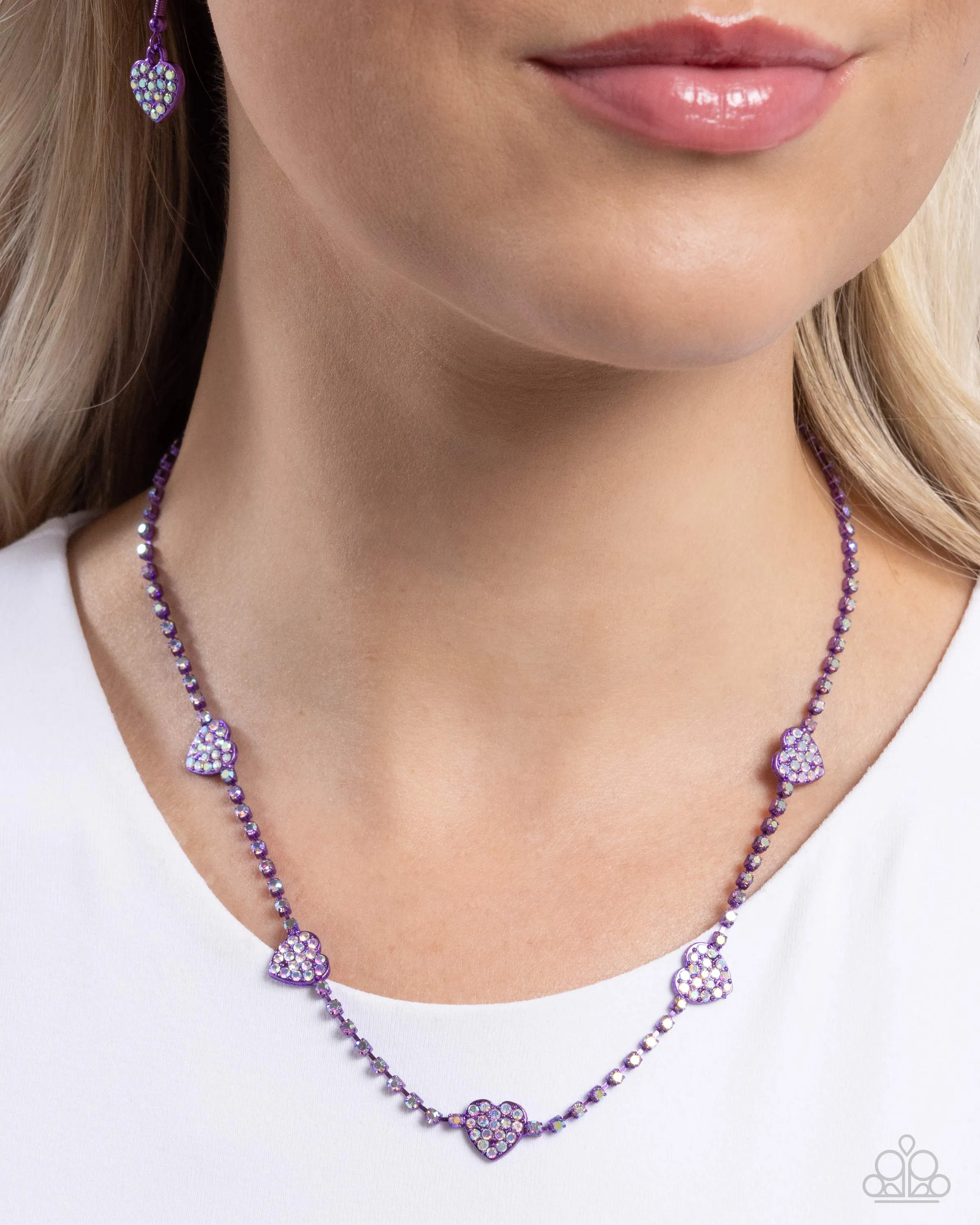 Homecoming Hearts - Purple - Iridescent Rhinestone Encrusted Metallic Paparazzi Short Necklace