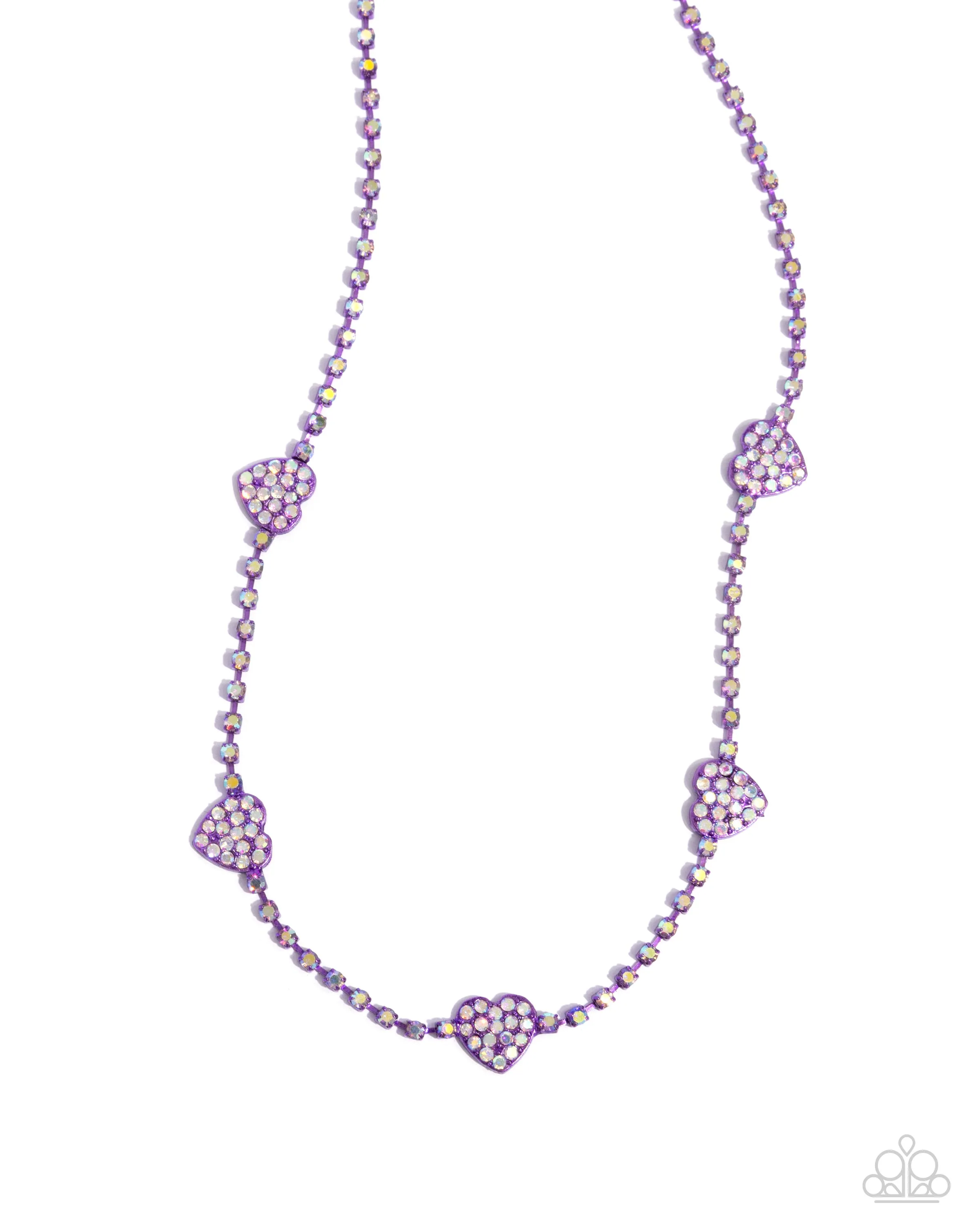 Homecoming Hearts - Purple - Iridescent Rhinestone Encrusted Metallic Paparazzi Short Necklace