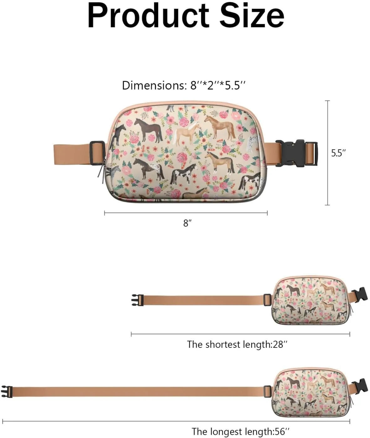 Horse Mini Belt Bag for Men Women Pony Floral Waist Packs Crossbody Bags Adjustable Strap for Hiking Cycling Sports