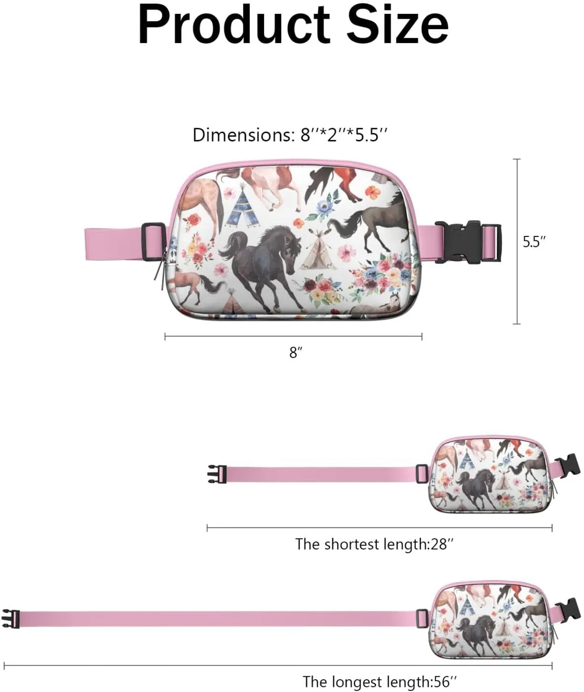 Horse Mini Belt Bag for Men Women Pony Floral Waist Packs Crossbody Bags Adjustable Strap for Hiking Cycling Sports
