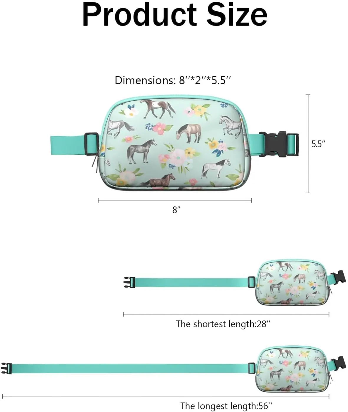 Horse Mini Belt Bag for Men Women Pony Floral Waist Packs Crossbody Bags Adjustable Strap for Hiking Cycling Sports