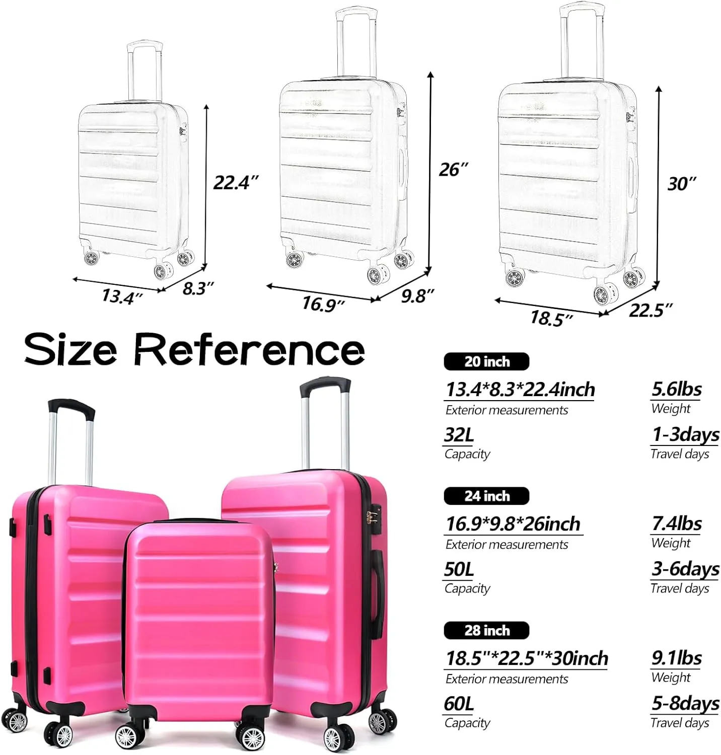 HOUAGI 3 Piece Luggage Sets,Hardshell 3pcs Suitcase Sets,Hardshell Luggage Sets with Spinner Wheels,Lightweight Travel Checked Luggage Sets,20in/24in/28in,Rose Red