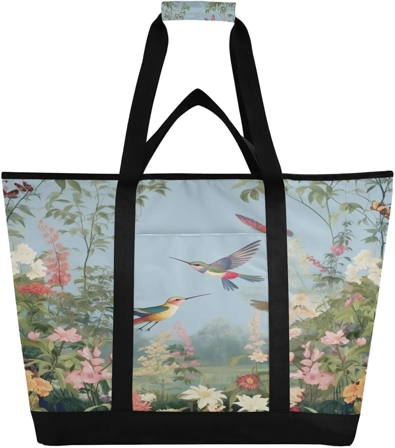 Hummingbirds Flowers Reusable Insulated Lunchbox Cooler Bag, Leakproof Kitchen Grocery Bag Collapsible Portable Cooler Tote Bag for Picnic, Camping, Office, Travel