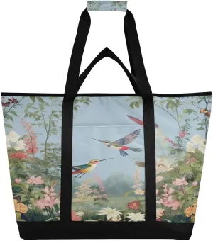 Hummingbirds Flowers Reusable Insulated Lunchbox Cooler Bag, Leakproof Kitchen Grocery Bag Collapsible Portable Cooler Tote Bag for Picnic, Camping, Office, Travel