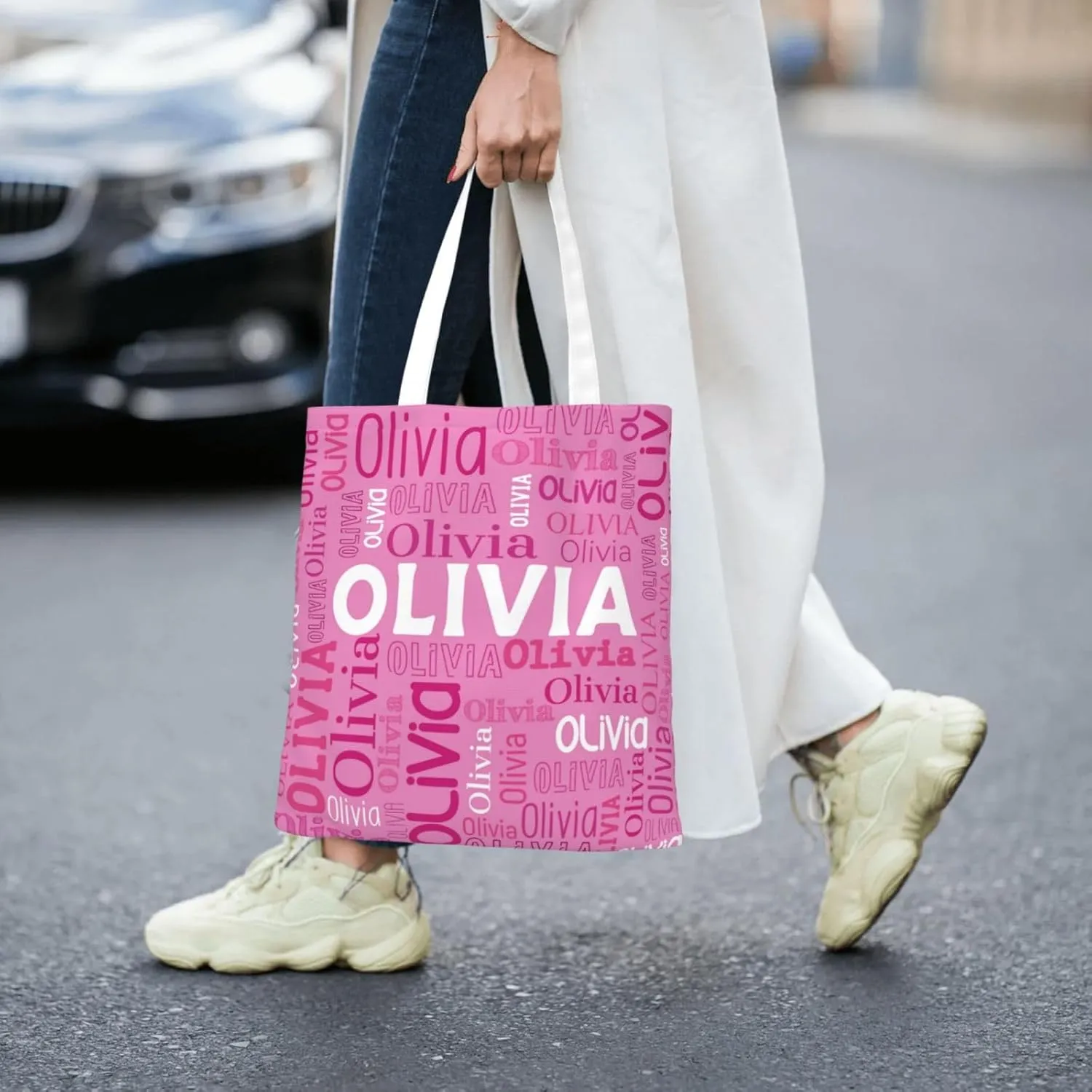 Husguciy Custom Name Tote Bag, Personalized Tote Bags with Name for Women Mom, Customized Shopping Cloth Bag Gifts for Travel