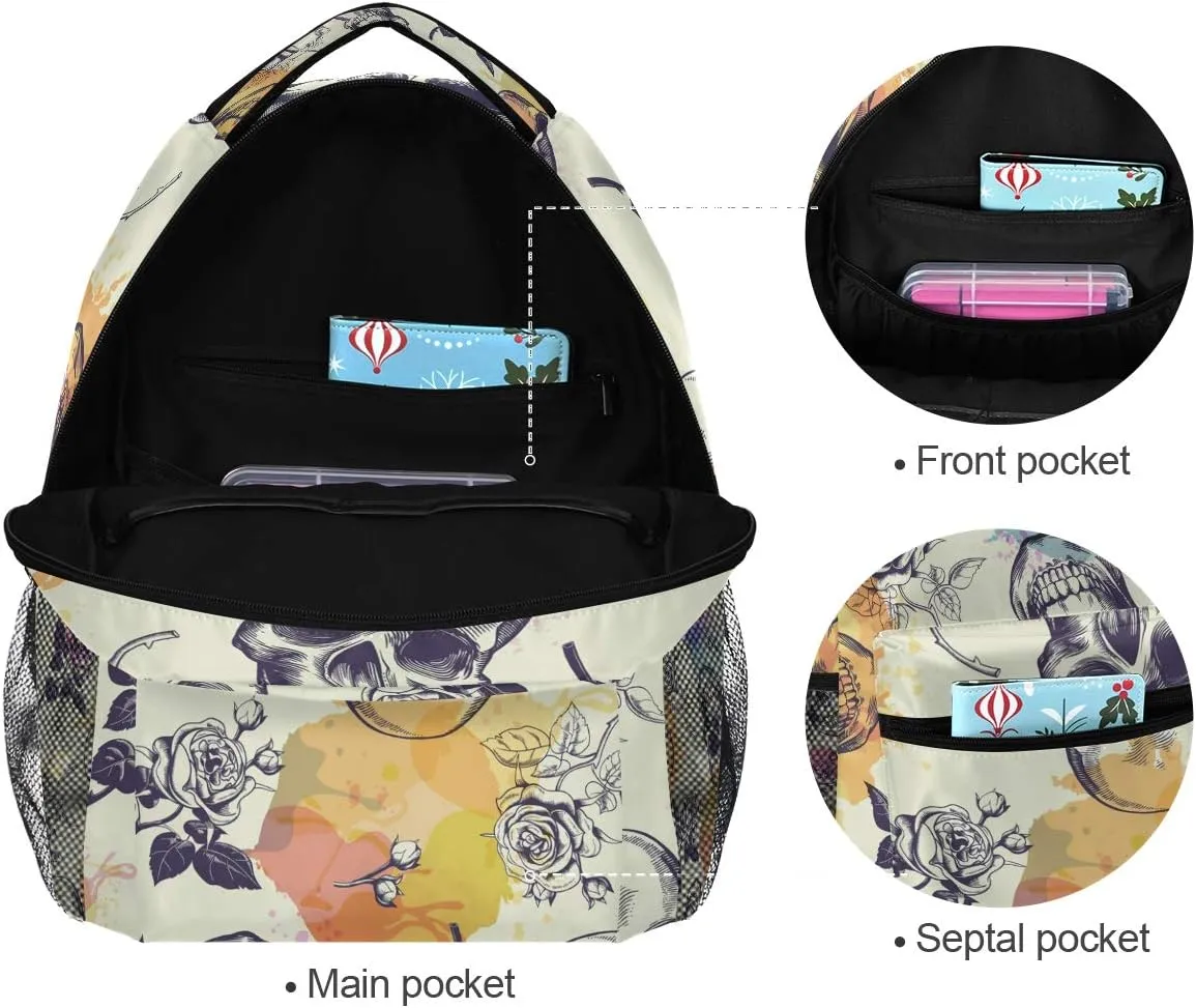 Ice Fire Backpack Skull Rose Bookbag Hippo Schoolbag for Boys Girls Elementary School Kindergarten Casual Travel Bag Daypack