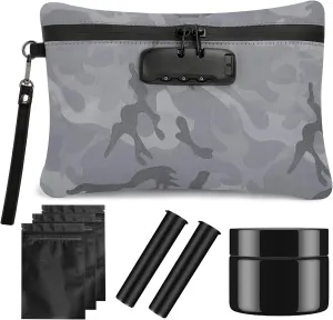 IDEATECH Smell Proof Bags, Odor Proof Container with Combination Lock, Odorless Travel Storage Case, Money Safe Bag, Medicine Pouch with Jar (Camo)